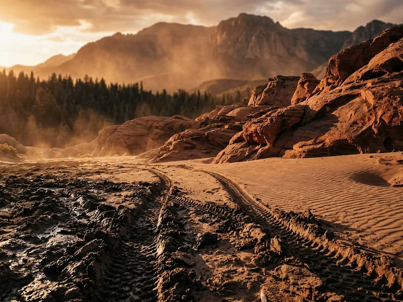 Golden-hour off-road landscape of mud, sand and rock cut by fresh knobby tire tracks