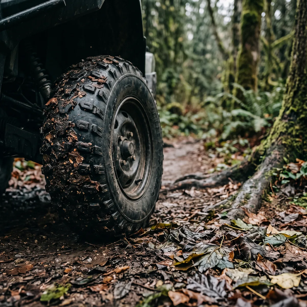 INVICTA BLACKTAIL UTV tire on a damp root-crossed forest trail