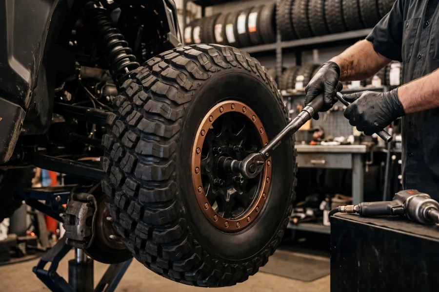 Mechanic mounting a new tire on a UTV wheel in a shop