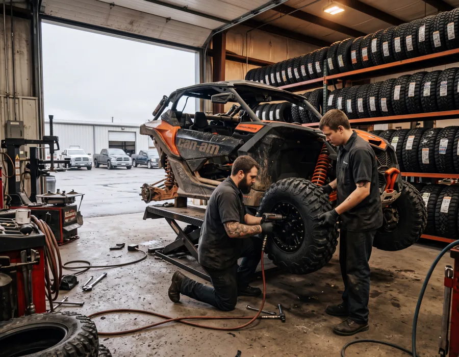 Invicta team working on a UTV in the shop