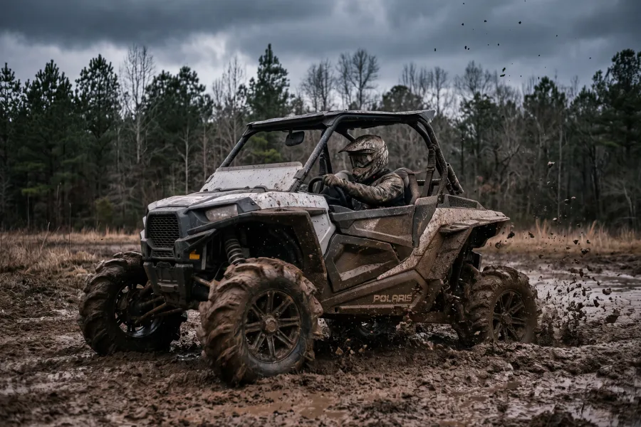 UTV pushing through deep mud terrain with aggressive tires