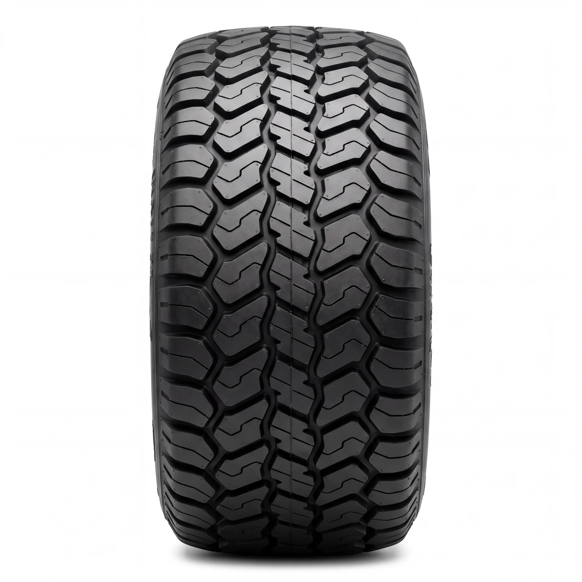 INVICTA RADIAL PRO all-terrain radial seen head-on, showing staggered interlocking tread blocks in an open all-terrain pattern, unlike the smooth continuous ribs of the STREETFOX street radial offered in the same 23x10R14 class