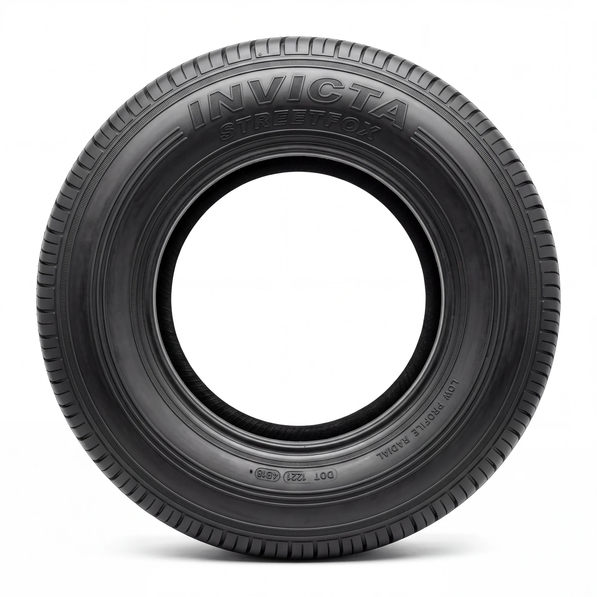 INVICTA STREETFOX street radial in profile, showing a short low-profile sidewall and a smooth rounded shoulder with no tread blocks wrapping over the edge